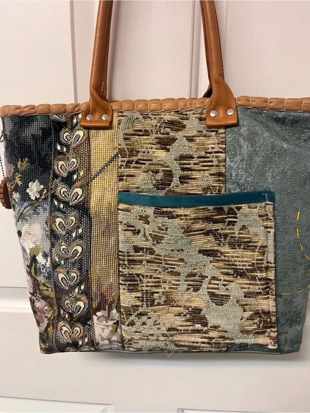 Handmade One-of-a-kind handbag tote purse . Crane velvet floral bag artwork.